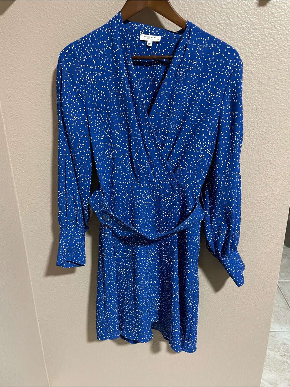 Equipment Royal Blue Long Sleeve Wrap Dress with White Dot Print